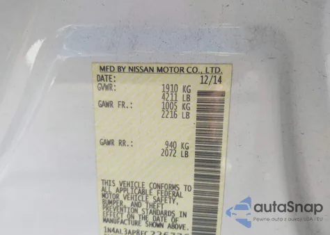 2015 Nissan Altima 2.5 Sl z USA, uszkodzony, nr VIN 1N4AL3AP8FC226776